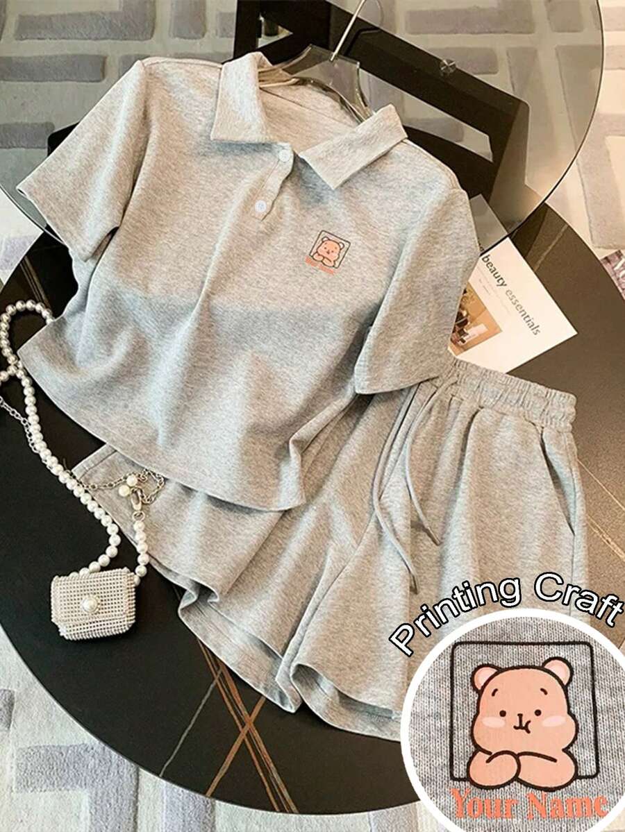 Franclia 修身 Polo 领短袖上衣 + 侧袋短裤 - 灰色 - 查看 1