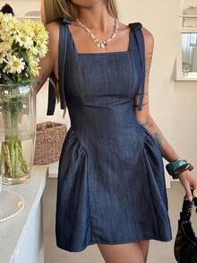 DAZY 女士方领蝴蝶结收腰短款休闲牛仔连衣裙 - 深色水洗藍 - 查看 4