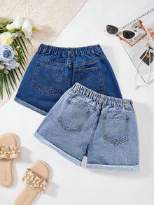 SHEIN Bộ đồ gồm 2 mảnh quần short denim rộng thùng thình, có thể xắn gấu, dành cho bé gái tuổi teen, thích hợp cho kỳ nghỉ xuân hè, phong cách boho, đi biển, dự tiệc hòa nhạc, lễ hội. - Nhiều màu - Xem 2