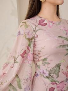 Veilorie 女士印花圆领喇叭袖修身优雅连衣裙 - 彩色 - 查看 7