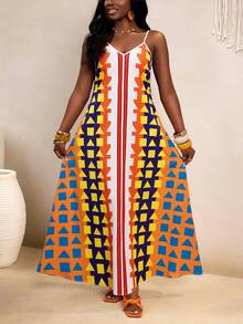 VaVaBold Women's Summer Boho Vacation Holiday Colorblock Geometric African Print Maxi Slip Dress, Summer Outfits - Multicolor - View 1