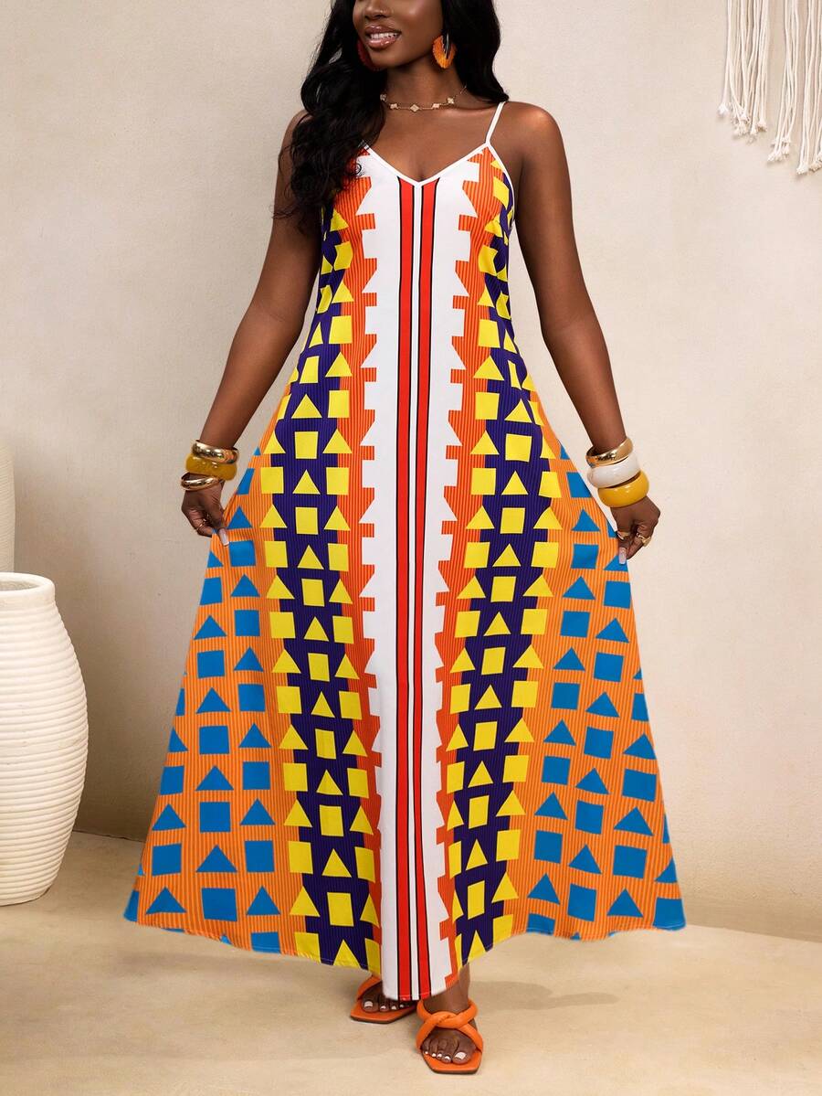 VaVaBold Women's Summer Boho Vacation Holiday Colorblock Geometric African Print Maxi Slip Dress, Summer Outfits - Multicolor - View 1