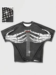 ROMWE MEN Men's Letter & Skull Hand Print Round Neck Short Sleeve Casual Versatile T-Shirt - Black - View 1