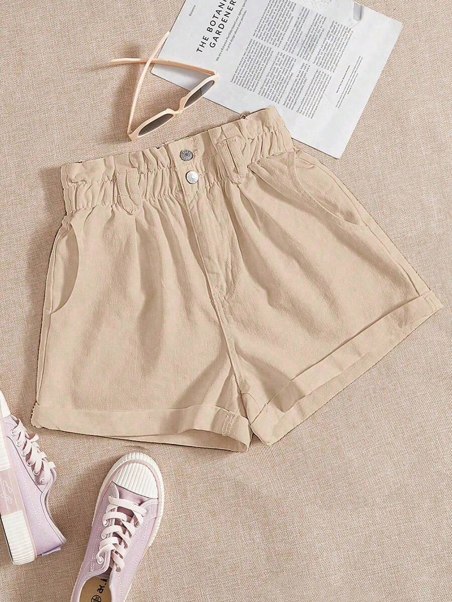 Breezaya 女士带口袋纽扣褶裥休闲百搭日常牛仔短裤 - 杏色 - 查看 1