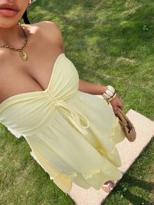 SHEIN EZwear 女士黄色针织抽绳荷叶边下摆抹胸连衣裙 - Butter Yellow - 查看 1