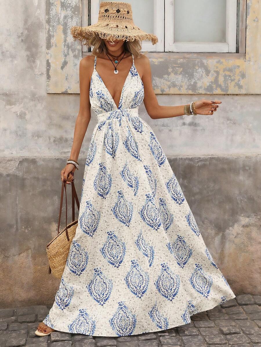 Brillora 女士浪漫V领印花无袖长款连衣裙，宽松半身裙，蓝色长款连衣裙，春夏款 - 藍色 - 查看 1