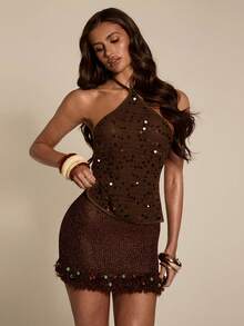 SHEIN BAE Women's Fashionable Beaded Backless Sexy Camisole Top, Summer - Brown - View 3