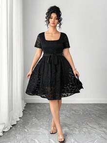 Elenzga 大码女士蕾丝连衣裙，法式优雅甜美女士休闲度假约会浪漫连衣裙 - 黑色 - 查看 1