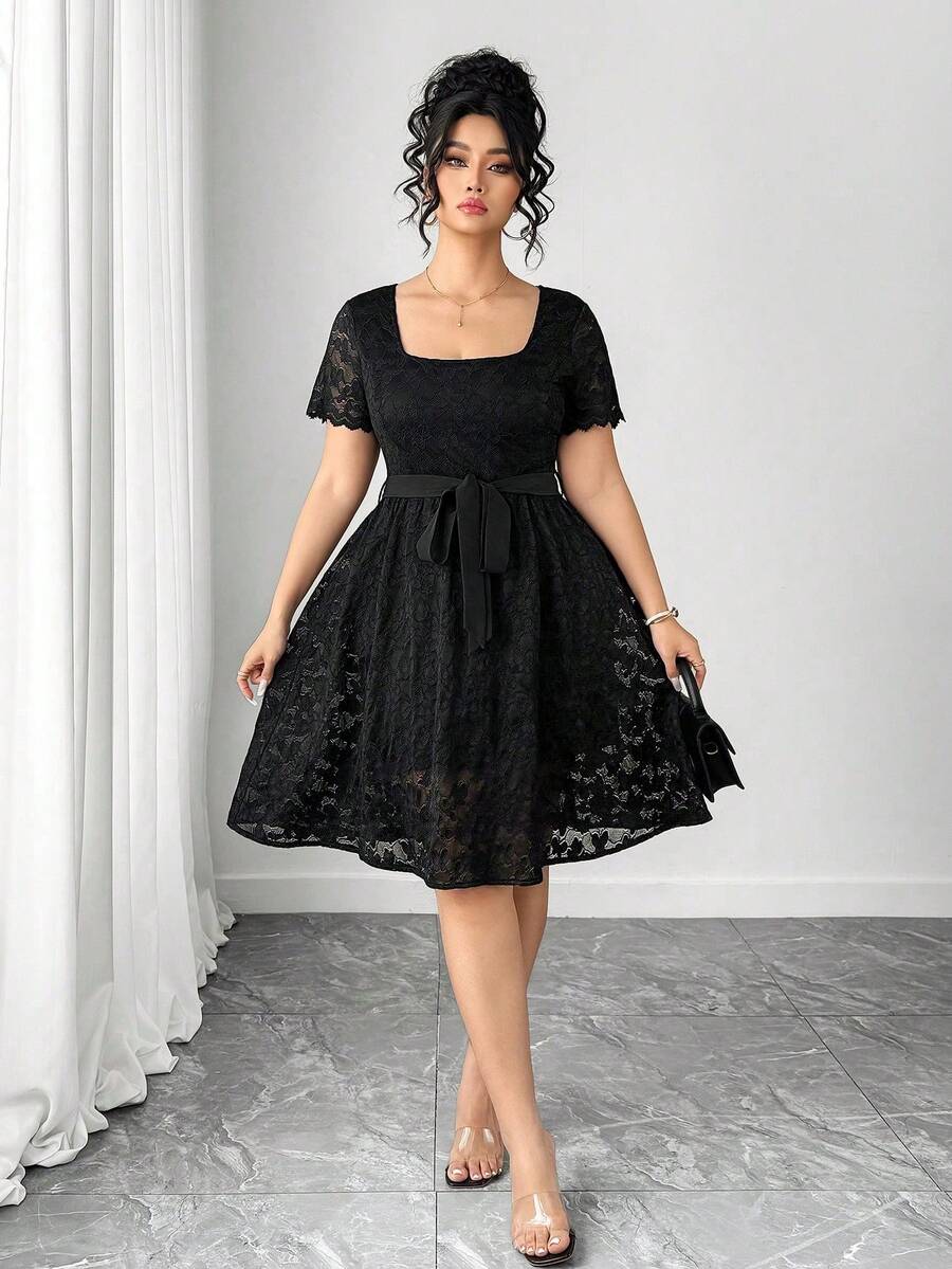 Elenzga 大码女士蕾丝连衣裙，法式优雅甜美女士休闲度假约会浪漫连衣裙 - 黑色 - 查看 1