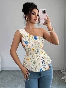 Elenzga Women's Elegant Floral Print Asymmetric Ruffle Top, With Waist Cinching Design To Accentuate Curves And Exude Refined Sophistication. Suitable For Various Occasions, From Formal Work Attire And Commuting, To Sexy, Romantic French Style, Casual Outings, Vacations, Middle Eastern Vintage Themed Events, Cozy Afternoon Tea Gatherings, Glamorous Parties, As Well As New Year, Thanksgiving And Christmas Celebrations. - Apricot - View 4