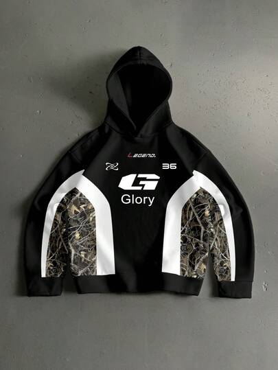 StoneGrade 黑白迷彩拼接标语字母印花短款宽松连帽卫衣，约会聚会时尚穿搭，送给男友的绝佳礼物