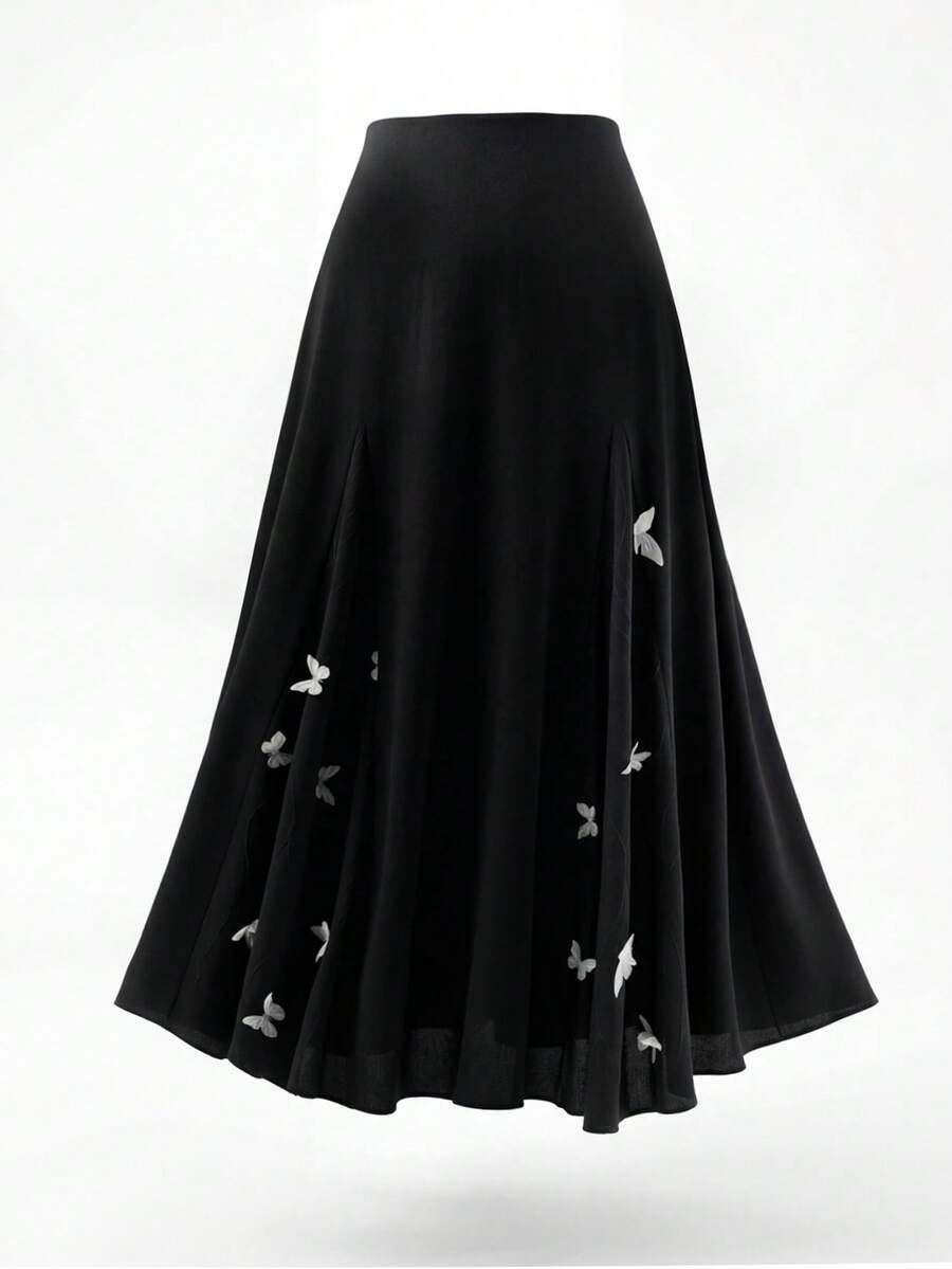 Modelyn Chân váy chữ A thanh lịch màu đen dành cho nữ, chất liệu lưới họa tiết bướm, thích hợp cho mùa xuân/hè. - màu đen - Xem 1