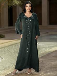 Layrah Copper Ammonium Rayon Natural Fabric Comfortable Skin-Friendly Handmade Rhinestone Embellished Arabic Style Dress - Green - View 7