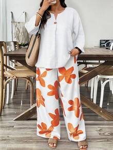 Weeklong Plus Size 2-Piece Set: Solid Color Shirt & Floral Print Pants, Casual Holiday Style - Multicolor - View 1