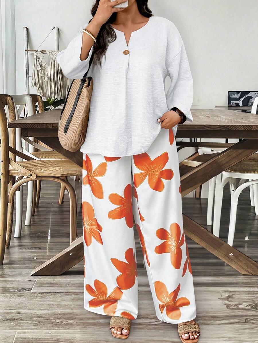 Weeklong Plus Size 2-Piece Set: Solid Color Shirt & Floral Print Pants, Casual Holiday Style - Multicolor - View 1