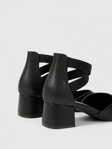 Sleekvia Giày nữ mũi tròn, gót dày, màu đen, kiểu dáng thời trang, khoét rỗng, quai co giãn, thanh lịch, đa năng, thoải mái, phù hợp cho công sở. - Than chì đen - Xem 9