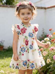 Souflis Souflis 1pc Baby Girls' Summer New Ruffled Collar Flutter Sleeve Back Zipper Elastic Waist Chiffon Embroidered Fabric Simple Versatile Cute Retro Vacation Elegant Princess Dress - Multicolor - View 3