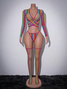 4pcs/Set Women's Sexy Hollow Out Lace-Up Mesh Lingerie Set - Multicolor - View 5