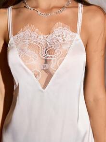SHEIN Sexy Women's Lace Trim Camisole Nightgown, Sheer Alluring Intimate Sleepwear - White - View 4