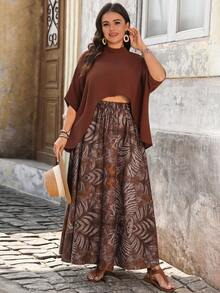 女士加大码优雅宽松圆领蝙蝠袖扎染印花衬衫和松紧腰A字长裙两件套 - 咖啡棕 - 查看 4