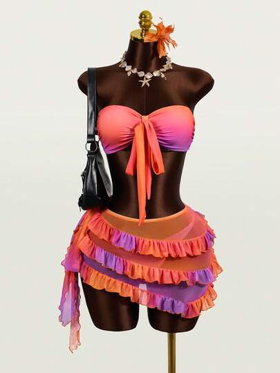 Zestiva Conjunto de bikini bandeau con estampado de teñido anudado sexy para mujer