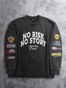 Manfinity ZONE917 男士休闲标语印花圆领长袖 T 恤，秋季 - 黑色 - 查看 1