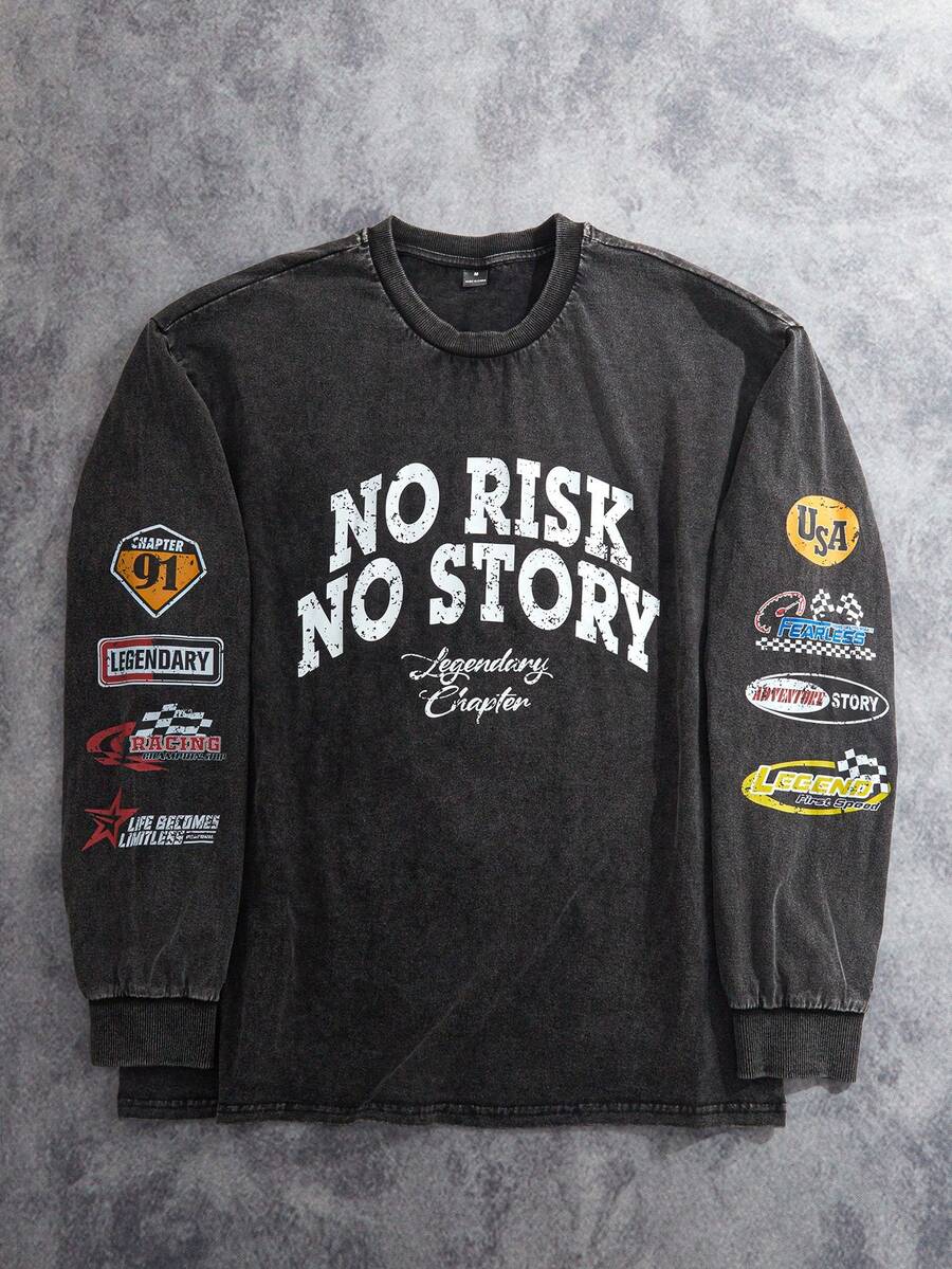 Manfinity ZONE917 男士休闲标语印花圆领长袖 T 恤，秋季 - 黑色 - 查看 1