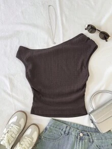 Teen Girls' Fashionable Asymmetric-Shoulder Bow Tie T-Shirt, Summer - Khaki - View 2