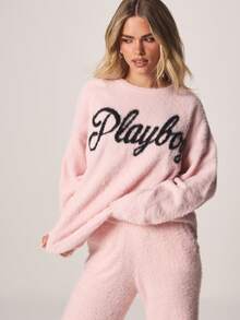 Missguided x Playboy Fluffy Knit Sweater With Script Logo Long Sleeve Crew Neck Cozy Winter Top - Pink - View 1