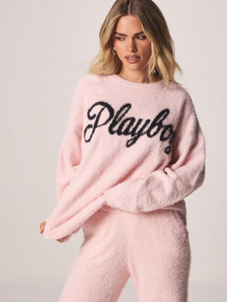 Missguided x Playboy Fluffy Knit Sweater With Script Logo Long Sleeve Crew Neck Cozy Winter Top - Pink - View 1
