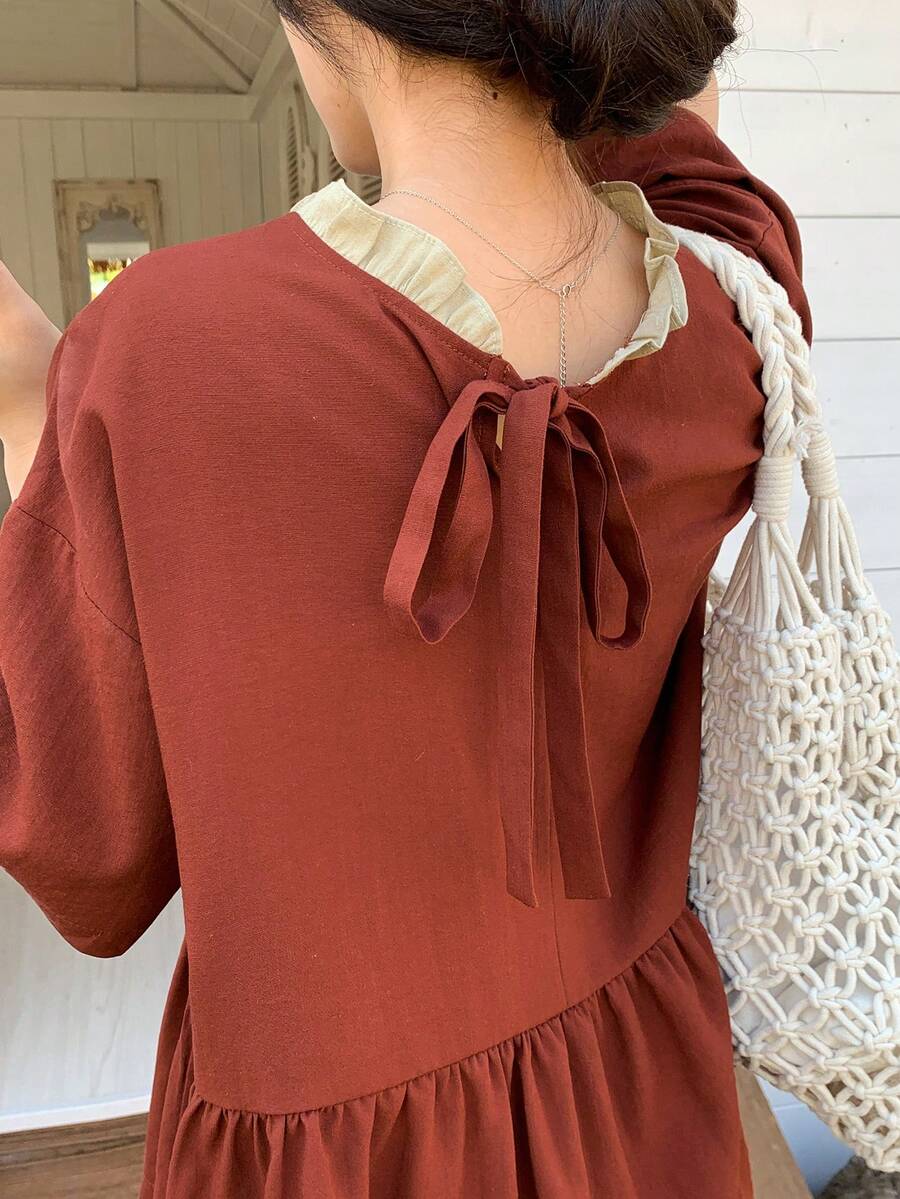 FRIFUL Women's Spring/Summer Splice Contrast Color Pleated Back Collar Tie Bow Neck Loose Casual Versatile Blouse - Red - View 1