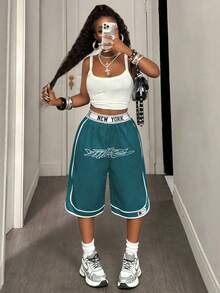 SHEIN PETITE Women's Letter Print Elastic Waist Loose Casual Shorts - Navy Blue - View 4