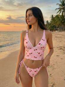 Swim Mod Women's Playful & Cute Vacation Beach Plaid & Cherry Print Tankini Swimsuit Set - Pink - View 4
