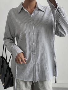Livesso Chemise femme à manches longues, style décontracté chic, avec design à dos nu et liens, rayures, pour le printemps/été. pour le bureau et la rue - Gris - Voir 4