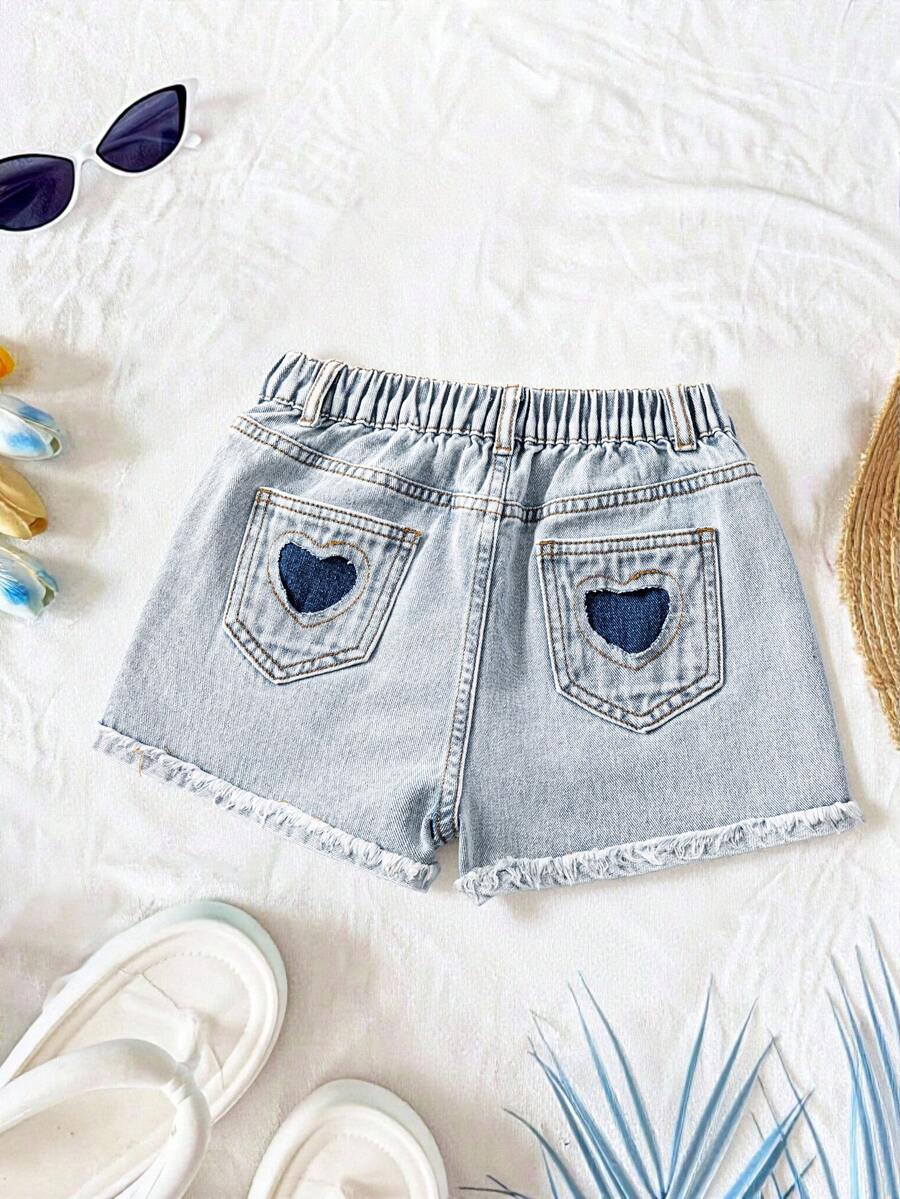 Shorts vaqueros casuales para niñas preadolescentes con diseño de bolsillo con forma de corazón, shorts de jeans lavados de moda - Azul - Ver 1