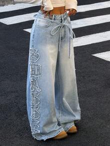 Muchica Washed Blue Women's Letter Applique Pocket Wide Leg Loose Casual Jeans - Blue - View 3