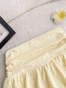 Tween Girls Yellow Knit Casual Vacation Versatile Hollow Textured Ruched A-Line Mini Skirt, Suitable For All Seasons - Yellow - View 3