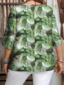 Mellowie 大码女式休闲简约大理石纹短袖衬衫，适合夏季穿着 - 彩色 - 查看 2