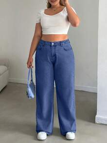 EURMUSE 100%Cotton HIGH RISE STRAIGHT CUT PLUS SZIE WOMEN JEAN - Dusty Blue - View 3