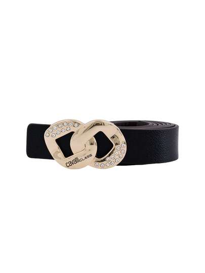 Cavalli Class Women's Crystal Buckle Leather Belt Black