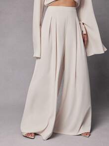 Hauture 女士日常休闲简约优雅梭织阔腿弹力后腰长裤 - 米色 - 查看 4