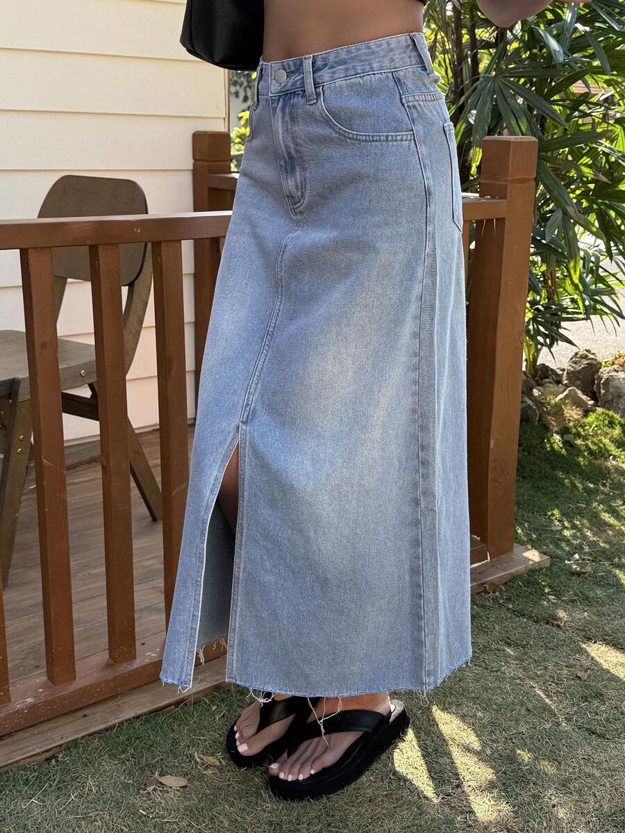Livesso Women's Casual Washed Denim Slit Skirt - Medium Wash - View 1