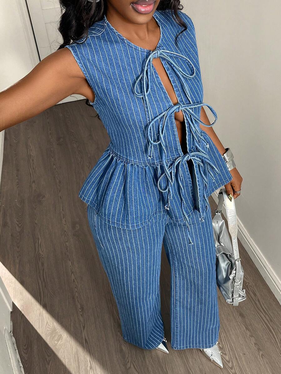 DAZY Sleeveless Crew Neck Tie Front Top And Striped Casual Pants Denim Suit For Women - Blue - View 1