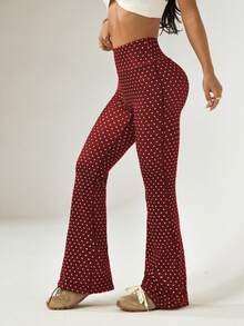 Dewbera 女士常规腰围黑色波点印花喇叭裤，适合日常休闲穿着、跑步、瑜伽、健身、网球、高尔夫等运动，秋冬季款 - 酒紅色 - 查看 6