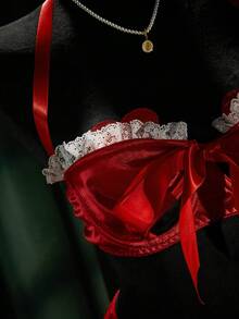 SpicyHot 5pcs Sexy Lace Patchwork Heart Shaped Pasties, Bow Tie Lingerie Set - Red - View 7