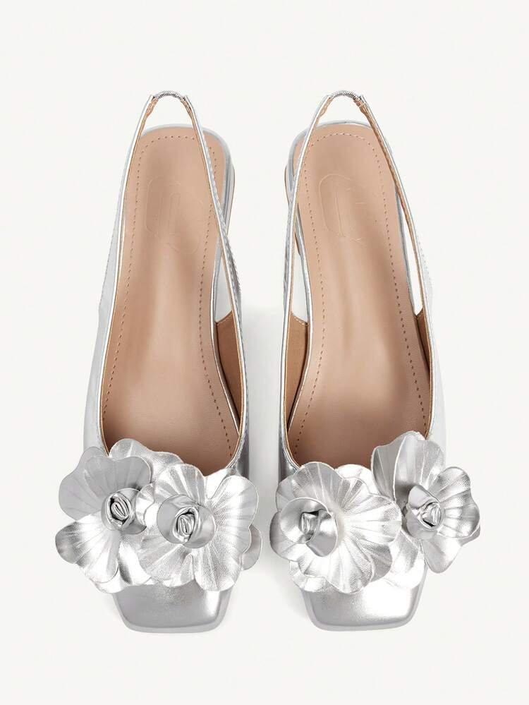 CUCCOO CHICEST Women Shoes Fashionable Silver Three-Dimensional Flower Back Strap Low Heel Square Toe Commuter Versatile Party Vacation Women Flat Shoes Slingback Shoes Valentine's Day Elegant Shoes Wedding Shoes Summer Shoes Bride Shoes
