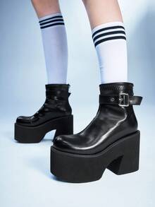 Sugerpunk Botas de tobillo elásticas con cremallera gruesa en la parte posterior, de estilo punk y a la moda - Negro - Ver 4