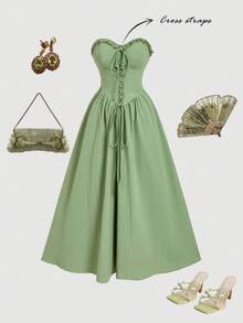 SHEIN MOD Đầm midi xòe màu xanh lá cây thắt chéo – Hoàn hảo cho kỳ nghỉ, hẹn hò, dã ngoại, tiệc tùng, dạ hội, lễ hội và sinh nhật; Phong cách cổ điển lãng mạn. - màu xanh lá - Xem 2