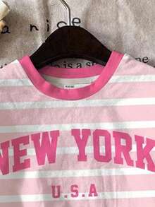 两件套女童休闲蓝条纹套装，饰有“NEW YORK”图案，搭配粉色撞色上衣和短裤，返校季学院风短袖上衣和短裤，可爱夏日装扮 - 彩色 - 查看 5