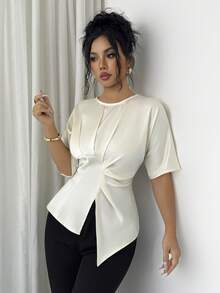 Siren Gaze Damen Einfarbige Satin Plissee Taille Design Bluse, elegantes Damen Hemd - Aprikosenfarben - Übersicht 5